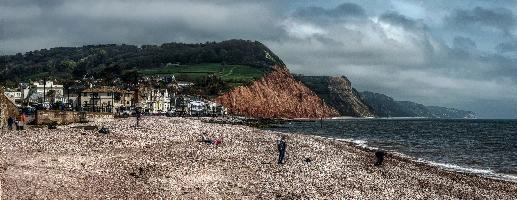 Beach and Devonian sandstone cliffs at Sidmouth, Devon, shingle, channel, water, village, devonian, town, sandstone, front, red, beach, cliffs, sidmouth, resort, devon, seaside, england, summer, britain, buildings