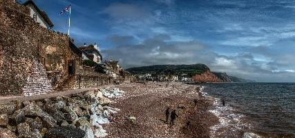 Beach and Devonian sandstone cliffs at Sidmouth, Devon, shingle, channel, water, village, devonian, town, sandstone, front, red, beach, cliffs, sidmouth, resort, devon, seaside, england, summer, britain, buildings