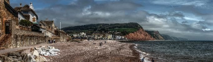 Beach and Devonian sandstone cliffs at Sidmouth, Devon, shingle, channel, water, village, devonian, town, sandstone, front, red, beach, cliffs, sidmouth, resort, devon, seaside, england, summer, britain, buildings