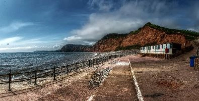 Beach and Devonian sandstone cliffs at Sidmouth, Devon, shingle, channel, water, village, devonian, town, sandstone, front, red, beach, cliffs, sidmouth, resort, devon, seaside, england, summer, britain, buildings