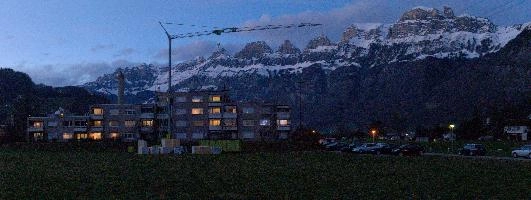 2018, alps, walenstadt, crane, night, alpine, snow, switzerland, block, sankt gallen, homes, churfirsten, lights, sg, scenery, rural, bahnhof, building, mountains, dusk, evening, sunset, residential, flums, swiss, ridge, peaks, dark, blue hour