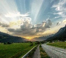 Sunset over the Churfirsten in the Swiss Alps, walenstadt, sunbeams, rural, sargans, beams, agriculture, hiking, rays, farm, walking, light, meadows, outdoors, evening, landscape, mountains, sunset, road, alps, sundown, tranquil, alpine, sky, peaceful, swiss, churfirsten, colours, switzerland, heiligkreuz, cloud, countryside