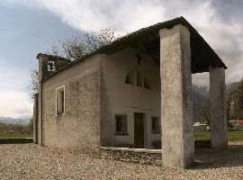 Chapel in the Italian part of the Swiss canton of Grisons, building, facade, exterior, religion, gable, chapel, columns, church, arches, lostallo, bell-tower, grisons, roof, switzerland, portico, europe, rendered