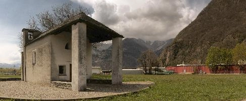 Chapel in the Italian part of the Swiss canton of Grisons, building, facade, exterior, religion, gable, chapel, columns, church, arches, lostallo, bell-tower, grisons, roof, switzerland, portico, europe, rendered