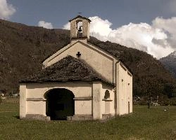 Chapel in the Italian part of the Swiss canton of Grisons, building, facade, exterior, religion, gable, chapel, columns, church, arches, lostallo, bell-tower, grisons, roof, switzerland, portico, europe, rendered