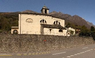 Chapel in the Italian part of the Swiss canton of Grisons, building, facade, exterior, religion, gable, chapel, columns, church, arches, lostallo, bell-tower, grisons, roof, switzerland, portico, europe, rendered