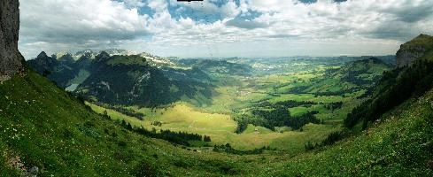 Appenzellerland, meadows, green, valley, alpine, rheintal, saemtisersee, sky, kasten, stauberen, appenzellerland, mountains, alps, fields, appenzell, blue, outdoors, hoher, floor, switzerland, hiking, summer, clouds, ridge, rhine, alpstein, lake, river, swiss, walking, scenery