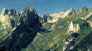 Alpstein, saentis, alpine, antenna, mountains, rock, alps, alpstein, swiss, appenzell, peaks, tower, switzerland, blue sky, summer, transmitter, säntis, range, europe, sunshine