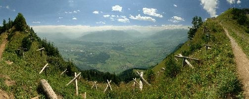 Appenzell, valley, alps, swiss, hiking, meadow, kasten, barriers, mountains, ridge, rhine, green, summer, walking, appenzell, protection, route, alpine, slope, sunshine, river, view, wooden, path, switzerland, stauberen, hoher, avalanche, daylight, distance, panorama