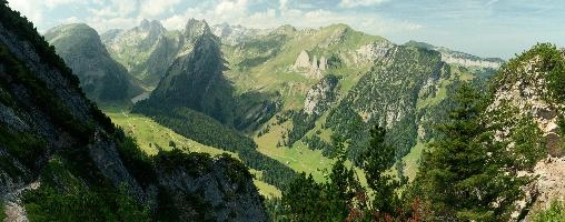 Appenzell, alpstein, europe, switzerland, kasten, route, alps, sunny, saentis, alpine, appenzell, view, rock, mountains, sunshine, walk, pamorama, sky, scenery, peaks, swiss, hoher, hiking, walking, summer, blue