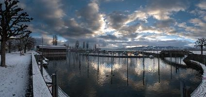 Arbon Harbour, europe, switzerland, arbon, lake, constance, water, harbour, snow, winter, clouds, sky, reflection