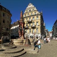Konstanz, Main Street, constance, emperor, kaisersbrunnen, europe, old, germany, art, konstanz, bronze, bodensee, summer, lake, statue, street, centre, exterior, blue sky, fountain, city, historic, square, shopping, facade