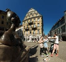 Heads of Konstanz, constance, emperor, kaisersbrunnen, europe, old, germany, art, konstanz, bronze, bodensee, summer, lake, statue, street, centre, exterior, blue sky, fountain, city, historic, square, shopping, facade