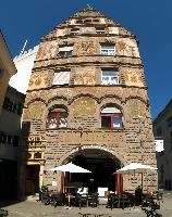 Graf Zeppelin Gaststätte, Constance in Germany, graf, hotel, constance, wall, painted, gaststaette, mural, colourful, bodensee, intricated, zeppelin, exterior, windows, gable, house, germany, ornate, decorated, entrance, arch