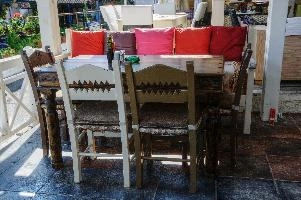 Bar scene in Chania, Crete, restaurant, summer, bar, airy, island, open, europe, interior, autumn, white, tourism, wooden, outdoor, chairs, mediterranean, seating, crete, terrace, greece, catering, holiday