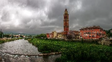 Cairo Montenotte, rural town in the Ligurian province of Savona, village, catholic, town, religion, bormida di spigno, street, tower, flowing, building, church, water, montenotte, cloud, weir, cairo, overcast, waterfront, savona, russet, terrace, liguria, red, banks, italian, rendered, river, italy, rural, christianity