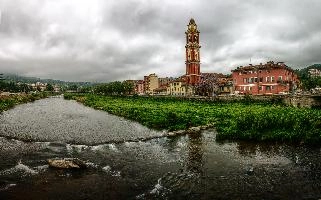 Cairo Montenotte, rural town in the Ligurian province of Savona, village, catholic, town, religion, bormida di spigno, street, tower, flowing, building, church, water, montenotte, cloud, weir, cairo, overcast, waterfront, savona, russet, terrace, liguria, red, banks, italian, rendered, river, italy, rural, christianity