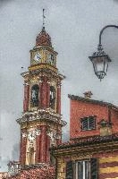 Church tower in Cairo Montenotte, Liguria, liguria, savona, clock, bell, montenotte, town, cairo, italian, catholic, italy, rural, christianity, rendered, red, church, tower, village, religion, open, plastered