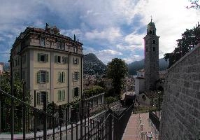 Lugano Stairs by Funiculare, outdoors, lugano, sunshine, mountains, exterior, alpine, swiss, ticino, switzerland, view, alps, tessing, station, railway, outdoor, daylight, buildings, cathedral, city, town