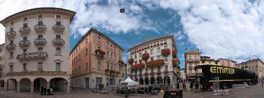 Concert in Lugano, outdoors, daytime, urban, blue sky, tessin, truck, lugano, stage, piazza, ornate, swiss, sunlilght, city, clouds, switzerland, building, italianate, square, grand, buildings, tourism, flowers, preparation, italian, town, lorry, ticino, concert, old, summer, geraniums