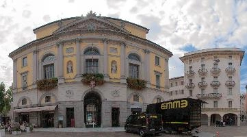 Lugano, outdoors, daytime, urban, blue sky, tessin, truck, lugano, stage, piazza, ornate, swiss, sunlilght, city, clouds, switzerland, building, italianate, square, grand, buildings, tourism, flowers, preparation, italian, town, lorry, ticino, concert, old, summer, geraniums