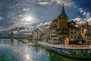 Kapellbrücke and lake-front in Luzern, Switzerland, null