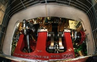 Interior workings of a paddle-steamer on Lake Liucerne, Switzerland, traditional, steel, old, plant, paddle-steamer, interior, steamboat, cruise, ship, vierwaldstättersee, technology, tourism, movement, function.power, engine, metal, energy, steam, polished, work, machinery, red, brass