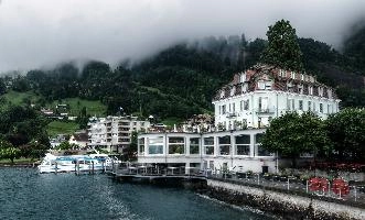 Hotel Terrasse on the Vierwaldstättersee, Switzerland, europe, switzerland, luzern, vierwaldstättersee, shore, lake, jetty, landing, hotel, terrace, building