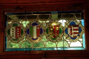 Civic shields in window of Rütli bar, Switzerland, null