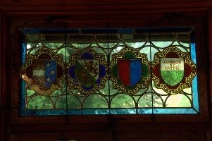 Civic shields in window of Rütli bar, Switzerland, null
