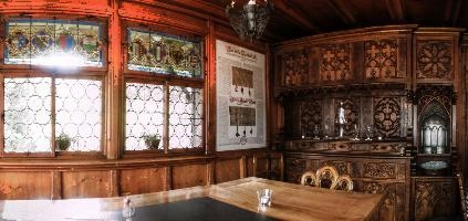 Interior of Restaurant Rütlihaus, Vierwaldstättersee, europe, switzerland, luzern, vierwaldstättersee, lake, bar, restaurant, interior, wood, furniture, windows, rütlihaus