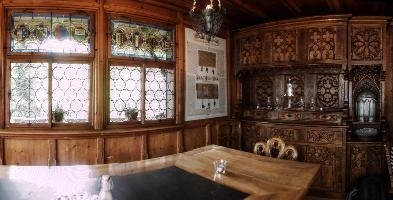 Interior of Restaurant Rütlihaus, Vierwaldstättersee, europe, switzerland, luzern, vierwaldstättersee, lake, bar, restaurant, interior, wood, furniture, windows, rütlihaus