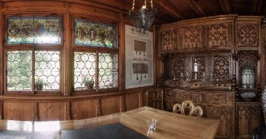 Interior of Restaurant Rütlihaus, Vierwaldstättersee, europe, switzerland, luzern, vierwaldstättersee, lake, bar, restaurant, interior, wood, furniture, windows, rütlihaus