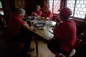 Group outing in Seelis, Switzerland, europe, switzerland, luzern, vierwaldstättersee, lake, bar, restaurant, interior, wood, furniture, windows, rütlihaus, people, red, swiss, mum, bettina