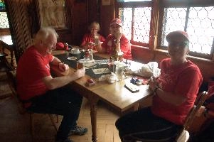 Group outing in Seelis, Switzerland, bar, bettina, europe, furniture, interior, lake, luzern, mum, people, red, restaurant, rütlihaus, swiss, switzerland, vierwaldstättersee, windows, wood