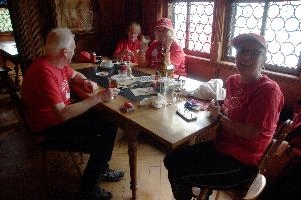 Group outing in Seelis, Switzerland, bar, bettina, europe, furniture, interior, lake, luzern, mum, people, red, restaurant, rütlihaus, swiss, switzerland, vierwaldstättersee, windows, wood
