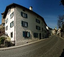 Maienfeld, spring, exterior, village, europe, town, switzerland, maienfeld, building, graubünden, street, graubuenden, outdoors, sunshine, blue sky, rural, alps, scenic, quaint