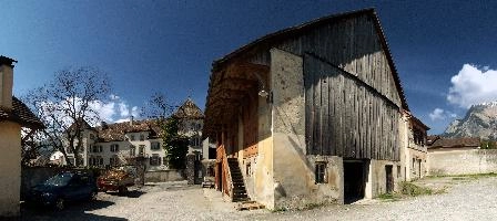 Maienfeld, barn, rural, alps, switzerland, scenic, spring, maienfeld, exterior, graubünden, town, graubuenden, building, blue sky, street, village, europe, quaint, outdoors, sunshine