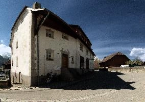 Barn in Maienfeld, spring, exterior, village, europe, town, switzerland, maienfeld, building, graubuenden, street, graubünden, outdoors, sunshine, blue sky, rural, alps, scenic, quaint