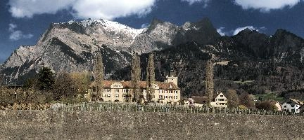 Falknis and Schloss Salenegg, salenegg, europe, swiss, grisons, blue sky, schloss, mansion, maienfeld, alps, graubuenden, vineyard, spring, scenery, mountains, dormant, castle, viticulture, switzerland, graubünden, outdoors, alpine, bare, falknis