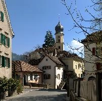 Maienfeld, spring, exterior, village, europe, town, switzerland, maienfeld, building, graubuenden, street, graubünden, outdoors, sunshine, blue sky, rural, alps, scenic, quaint
