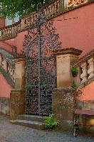 Ueberlingen, schloss, constance, baroque, wrought, grill, iron, meersburg, pink, bodensee, grate, gates, palace, entrance, portal, lake, germany, complex, ornate, ironwork
