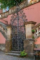 Ueberlingen, schloss, constance, baroque, wrought, grill, iron, meersburg, pink, bodensee, grate, gates, palace, entrance, portal, lake, germany, complex, ornate, ironwork