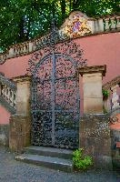 Ueberlingen, schloss, constance, baroque, wrought, grill, iron, meersburg, pink, bodensee, grate, gates, palace, entrance, portal, lake, germany, complex, ornate, ironwork
