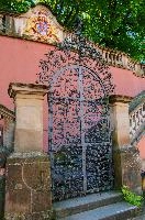 Ueberlingen, schloss, constance, baroque, wrought, grill, iron, meersburg, pink, bodensee, grate, gates, palace, entrance, portal, lake, germany, complex, ornate, ironwork