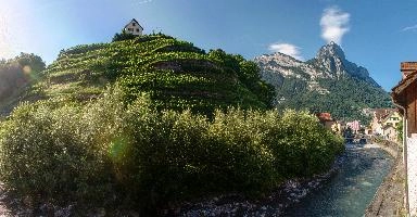 Hillside vineyard in Mels, Swiss Alps, vines, hill, vineyard, gonzen, river, mountains, peak, alps, blue sky, village, green, mels, outdoors, europe, summer, switzerland, viticulture