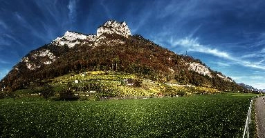 Gonzen from Heilgkreuz, mels, scenery, alps, autumn, rural, gonzen, growing, sargans, fall, switzerland, outdoors, alpine, heiligkreuz, europe, colours, swiss, bright, sunshine, produce, mountains, vineyards, agriculture, vines, yellow, green