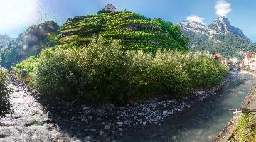 View of the vineyard in Mels, Swiss Alps, gonzen, stream, sunny, sunlight, blue sky, slope, autumn, vineyard, outdoors, vines, mountains, house, alps, street, europe, village, green, swiss, buildings, water, switzerland, town, river