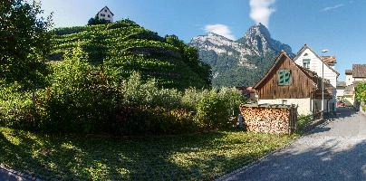 View of the vineyard in Mels, Swiss Alps, gonzen, green, sunny, sunlight, blue sky, slope, autumn, vineyard, outdoors, vines, mountains, house, alps, street, europe, village, swiss, buildings, switzerland, town