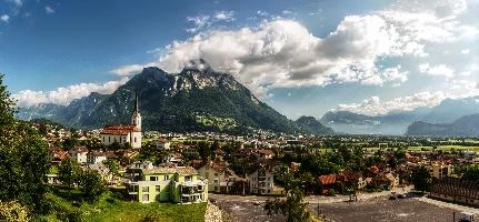 View across Mels to the Gonzen, Switzerland, mels, summer, alpine, alps, valley, gonzen, swiss, sky, switzerland, rhine, sargans, scenery, blue, rural, church, peak, outdoors, mountains, m view, clouds, village, tower